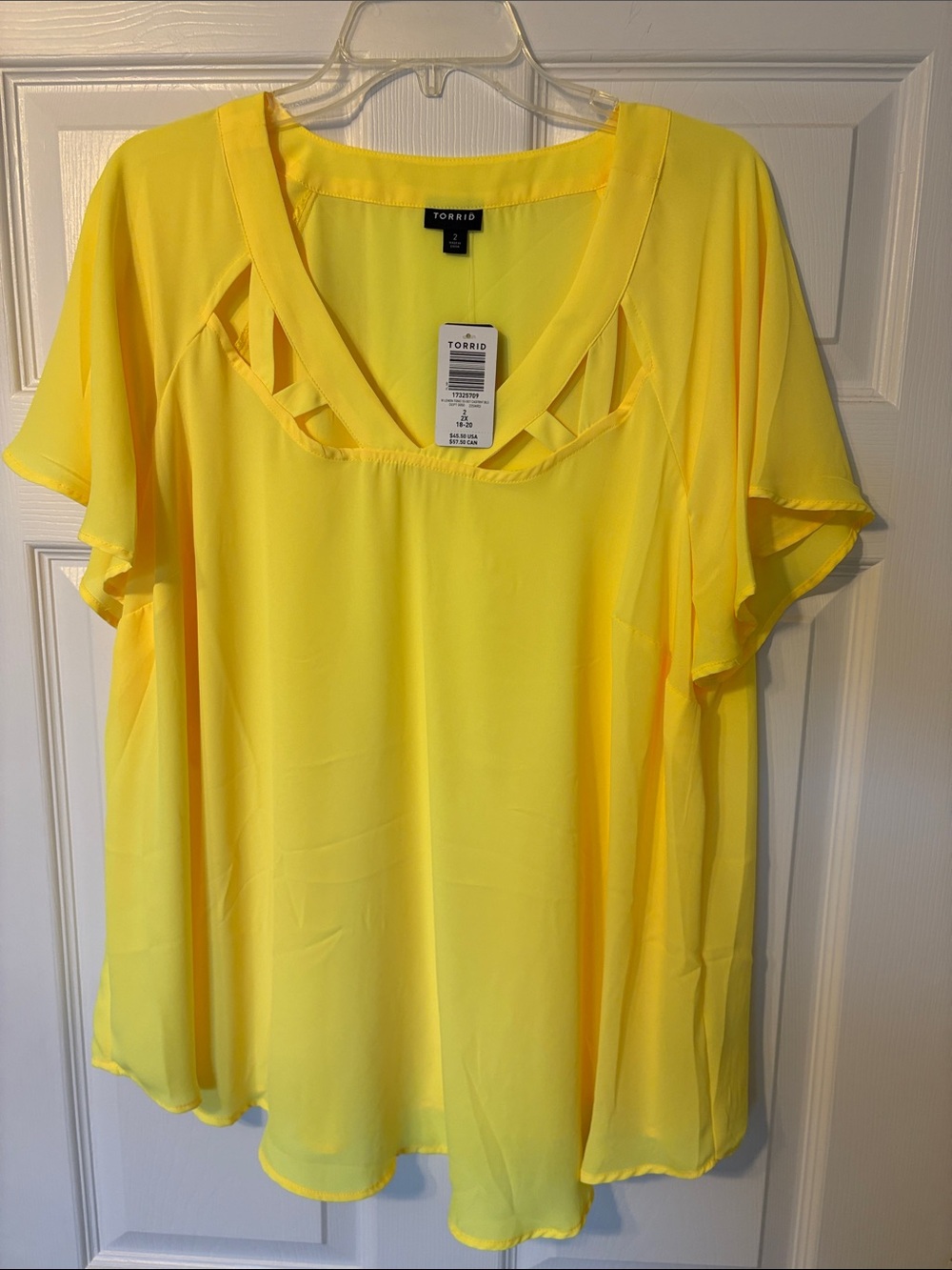 Torrid Bright Yellow Flutter Sleeve Blouse with Front Cutouts
